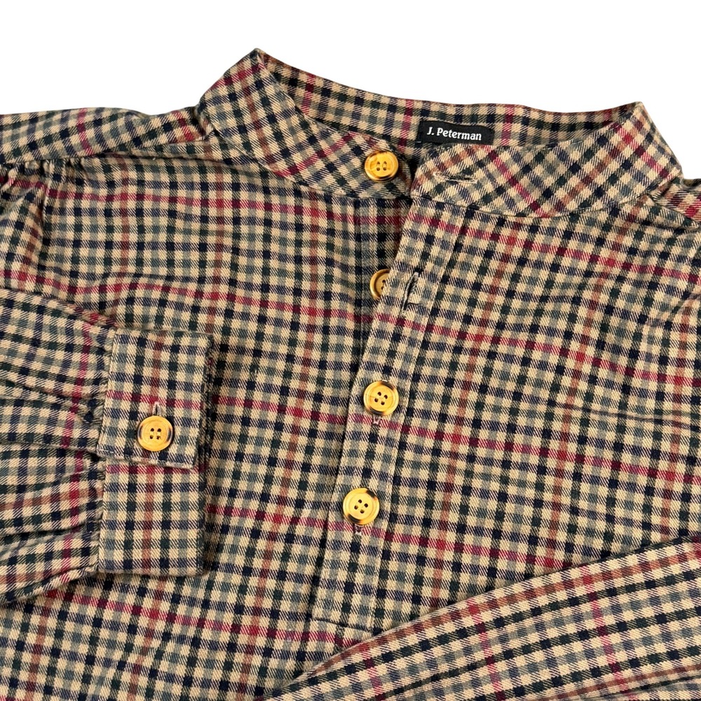 J. Peterman Mens XL Plaid Cotton Band Collar Pullover Shirt Multi-Color L/S